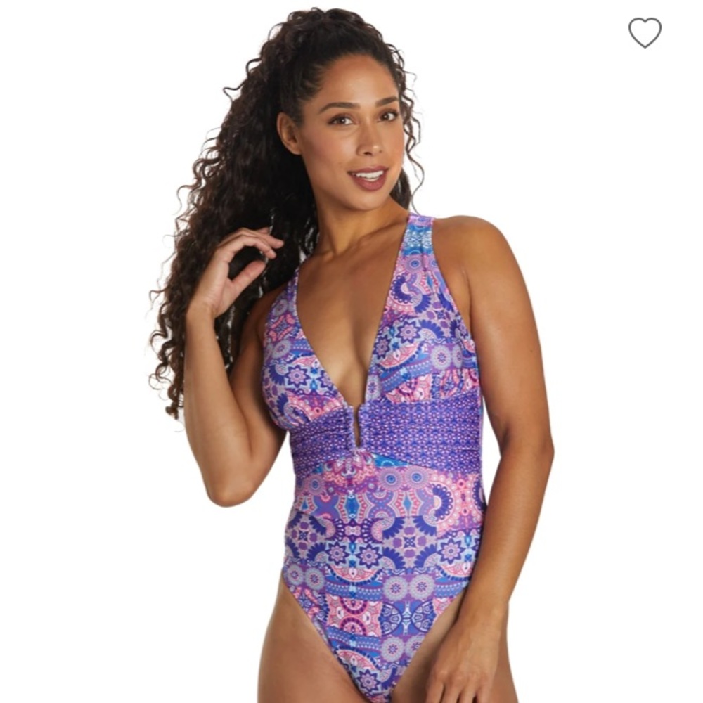 NWT Dolphin Aquashape Women's Print Contemporary Deep V-Neck One Piece Swimsuit